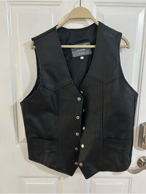 Pro-Rider Premium Durable Leather Motorcycle Vest Mens L Black Snap Buttons